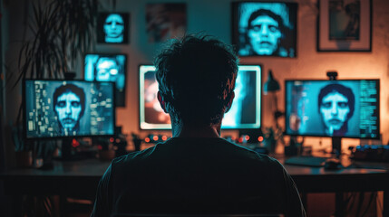 Fototapeta premium Cybercriminal engaging in deepfake creation in a dark room filled with holographic displays and eerie lighting