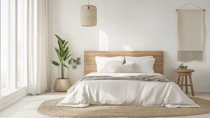 A bright bedroom with a Scandinavian influence, featuring light wood furniture and soft muted tones. 