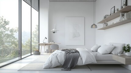 A bright modern bedroom with high ceilings and white walls, featuring a Scandinavian-inspired design. 