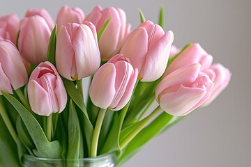 Naklejka premium Soft pink tulips with fresh green leaves in a delicate floral composition.