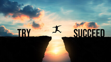 Silhouette of a person jumping from try to succeed over a gap between cliffs at sunset, perseverance and determination concept, taking risks, learning from failure, achieving goals, personal success
