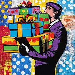 pop art man carrying large gift boxes