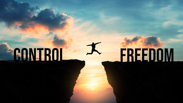 Silhouette of a person jumping from control to freedom over a gap between cliffs at sunset, breaking free, embracing independence, taking risks, mindset shift, personal growth, choosing liberation
