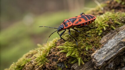Harlequin beetle crawling on mossy ground nature photography close-up view vibrant environment insect concept