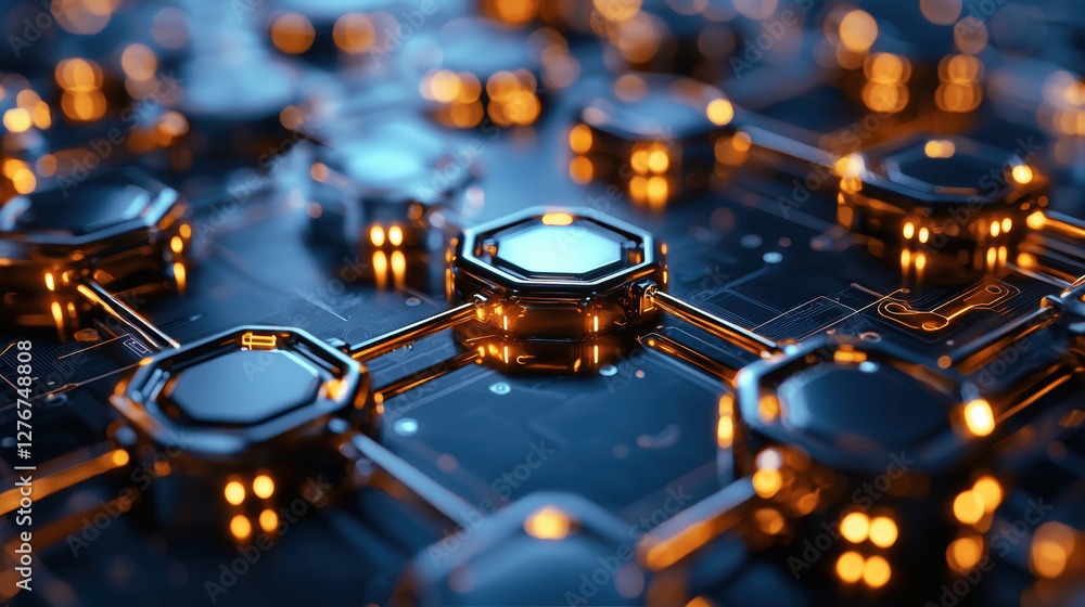 Poster microscopic exploration of a semiconductor transistor network with glowing metallic pathways in hype
