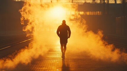 Obraz premium A solitary figure jogs towards a vibrant sunrise amidst swirling fog