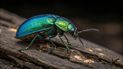 Illuminated jewel beetle on dark surface nature photography macro environment vivid colors and reflection