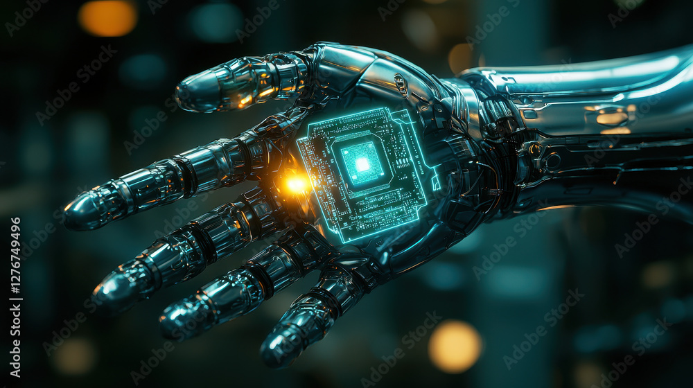 Poster next generation semiconductor chip integrated into a futuristic ai-powered robotic hand showcasing a