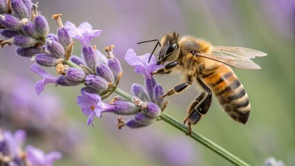 Fototapeta premium Honeybee collecting nectar from lavender flower garden macro photography natural environment close-up view pollination activity