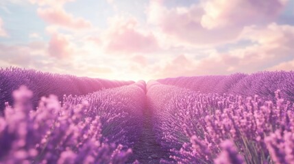 Fototapeta premium Serene Lavender Fields at Sunset: A Breathtaking View of Purple Blossoms under a Pastel Sky