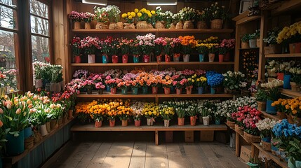 Colorful flower shop interior, bright display, sunlight