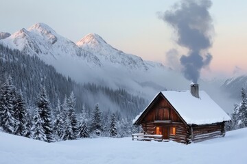 A serene mountain cabin in a snowy landscape