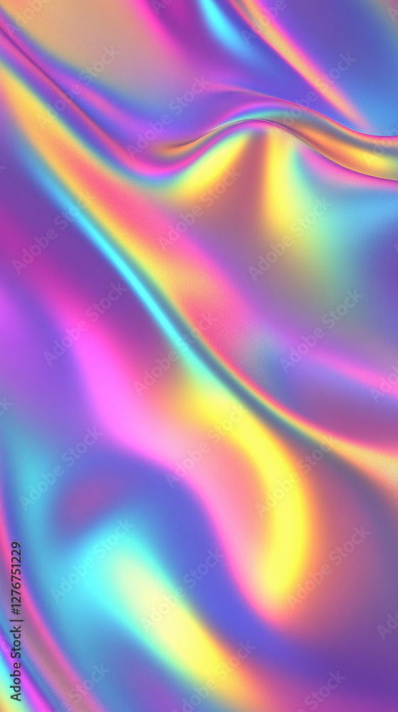 Poster colorful iridescent fabric with flowing waves and a subtle grain texture, showcasing a spectrum of v