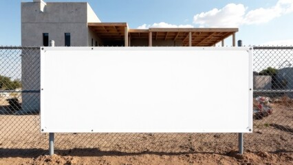 Blank construction sign at building site with chain-link fence and clouds. Construction Business Mockup