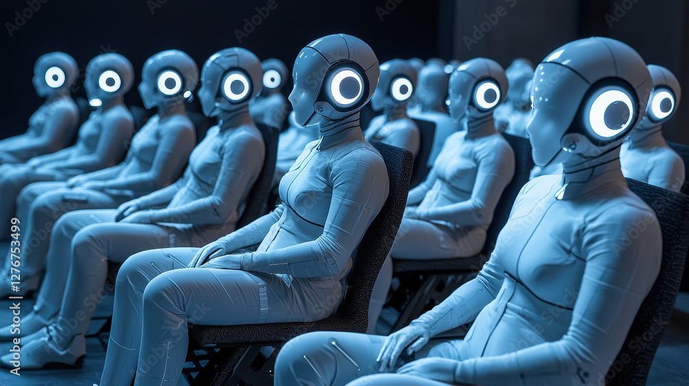 Poster ai-generated characters fill a futuristic studio audience in a sci-fi show exploring the boundaries 