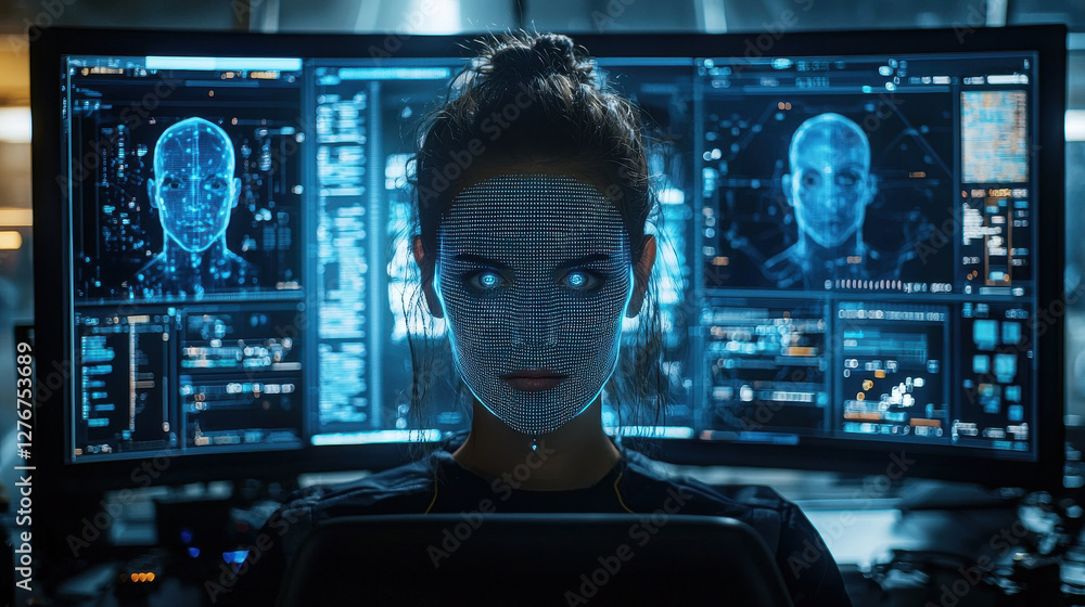 Poster secret underground ai lab creates hyperrealistic deepfake clones with futuristic technology and holo