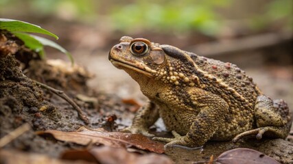 Fototapeta premium Observing an adult toad close-up in a natural habitat detailed wildlife photography forest environment macro viewpoint for nature lovers
