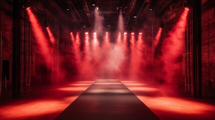 A fashion show catwalk runway stage in a reddish atmosphere, featuring smoke, spotlight par lighting in red, an overhead structure, a black walkway, and a video camera dolly, with empty seats 