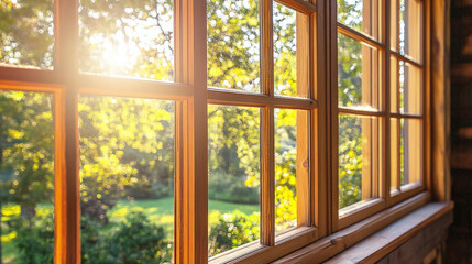 Sunlight streams through a wooden window frame, offering a bright view of lush green foliage. An idyllic scene of nature and home interior.