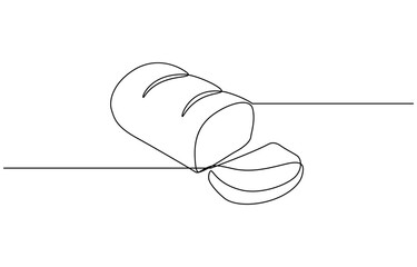 Bread one line drawing, One continuous line drawing of long loaf bread, Continuous line art drawing Bread in the form of a baguette Long sandwich bread. One Continuous Line Drawing of Bread Icon.
