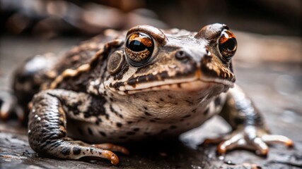 Closeup image of an adult toad in sharp focus natural habitat macro photography wetland environment eye-level viewpoint amphibian behavior