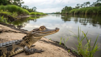 Obraz premium Closeup of a baby crocodile in a river nature scene wildlife photography lush environment ground level viewpoint