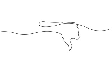 Obraz premium Thumb down in one continuous line. Symbol of evil. Negative gesture showing dislike in a one-line style, Negative finger in editable stroke. Doodle contour vector illustration.