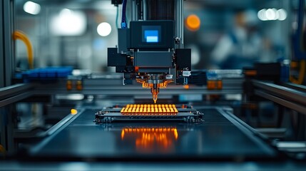 Naklejka premium In the manufacturing facility, a team of scientists in sterile protective coveralls sets up and programs a modern industrial 3D printer for the high-precision production of semiconductors
