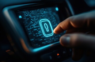 Hand interacting with futuristic digital security lock interface