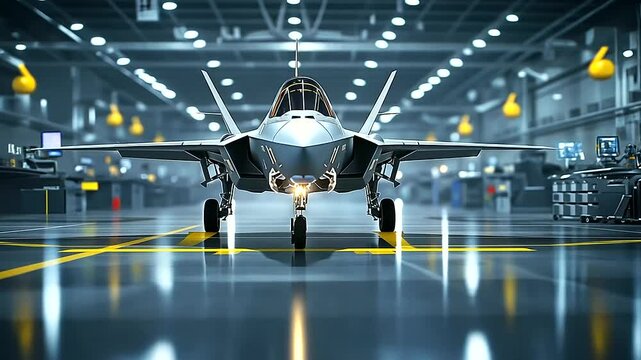 A dramatic close-up of an F- Lightning II, its advanced avionics and weapon systems visible under the soft glow of overhead lights. The hangar is lined with high-tech maintenance
