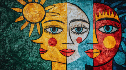 Vibrant street mural showcases social justice icons from various cultures with powerful artistic details and symmetrical framing