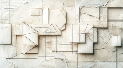 Minimalist mixed media collage featuring geometric shapes and textures