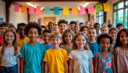 Smiling diverse children holding hands at community event, unity
