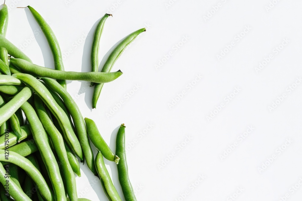 Poster dynamic shot of fresh green beans arranged in pile on clean white background surrounded by subtle sh