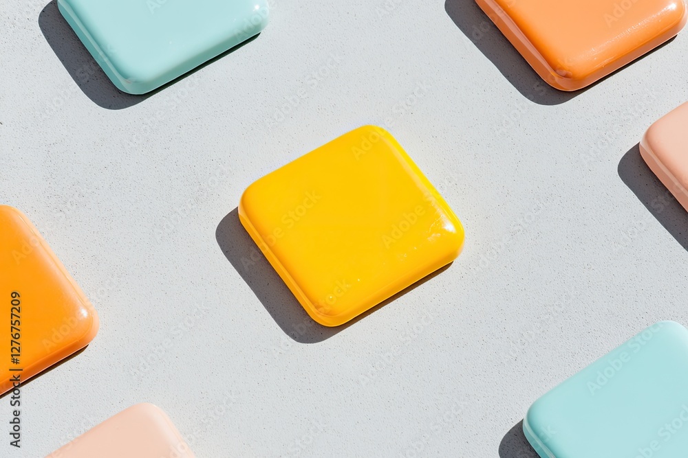 Poster flat lay of single brightly colored token centered on neutral gray board with soft diffused light