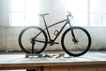 focused view of bike repair stand holding bicycle upright tools scattered on clean workbench soft light highlighting