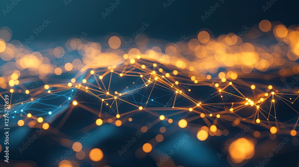 Poster geometric representation of terrain model constructed from interconnected glowing dots and wireframe