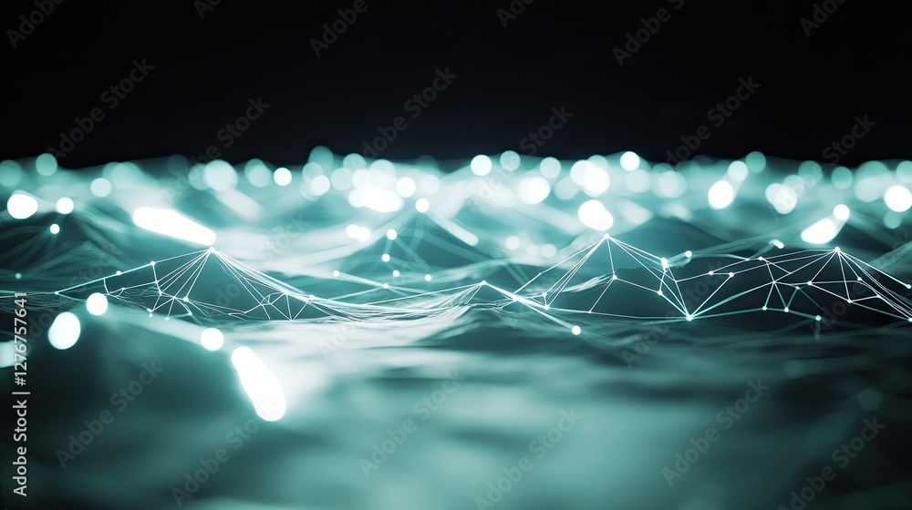 Poster geometric representation of terrain model constructed from interconnected glowing dots and wireframe