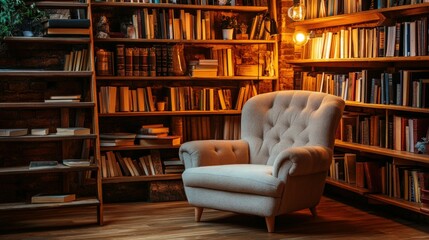 Cozy boucle chair in warm library corner surrounded by books