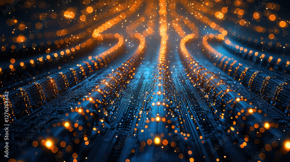 Poster exploring the intricate details of a silicon wafer showcasing futuristic circuit patterns with glowi