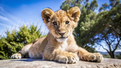 Fototapeta premium Closeup of a full-length lion in natural habitat wildlife photography serene environment majestic viewpoint animal behavior for seo impact
