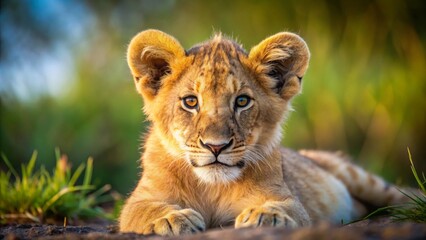 Obraz premium Majestic lion closeup african savanna wildlife photography natural habitat ground level full-length lion in focus