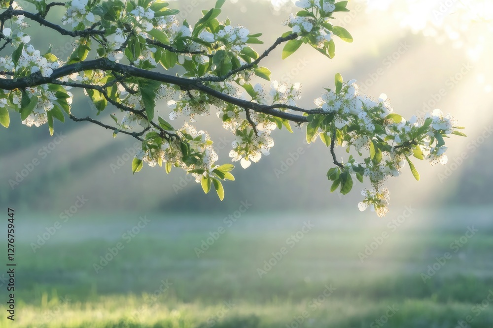 Poster peaceful image of tree branches heavy with pollen-filled blossoms sunlight streaming through creatin