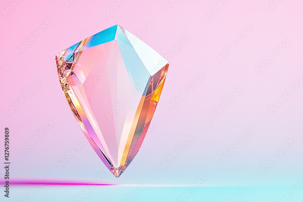 Poster reimagining of knight shield presented as floating levitating prism refracting light in array of vib