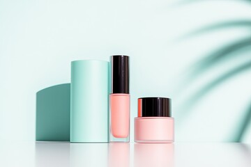 serene close-up of pastel-toned spring makeup products elegantly arranged on white surface