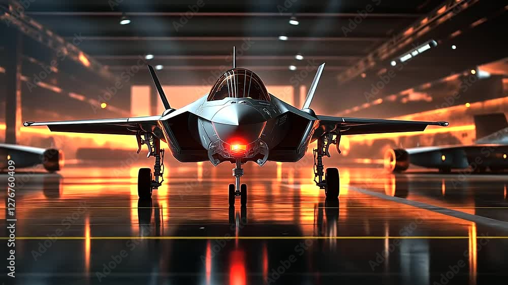 Poster an f- lightning ii captured from a low angle, towering inside a high-tech hangar, its canopy reflect