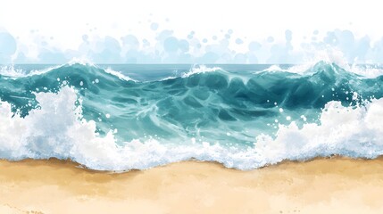 Fototapeta premium Watercolor painting of ocean waves crashing onto a sandy beach, with white foamy splashes.