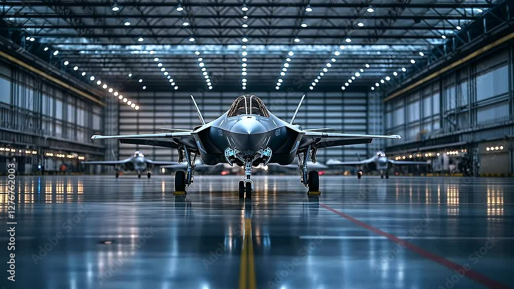 Poster an f- lightning ii captured from a low angle, towering inside a high-tech hangar, its canopy reflect