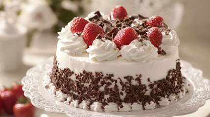 Delicious chocolate strawberry cake on a decorative stand
