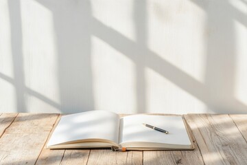 travel journal lies open on wooden table under soft natural light pen poised for writing